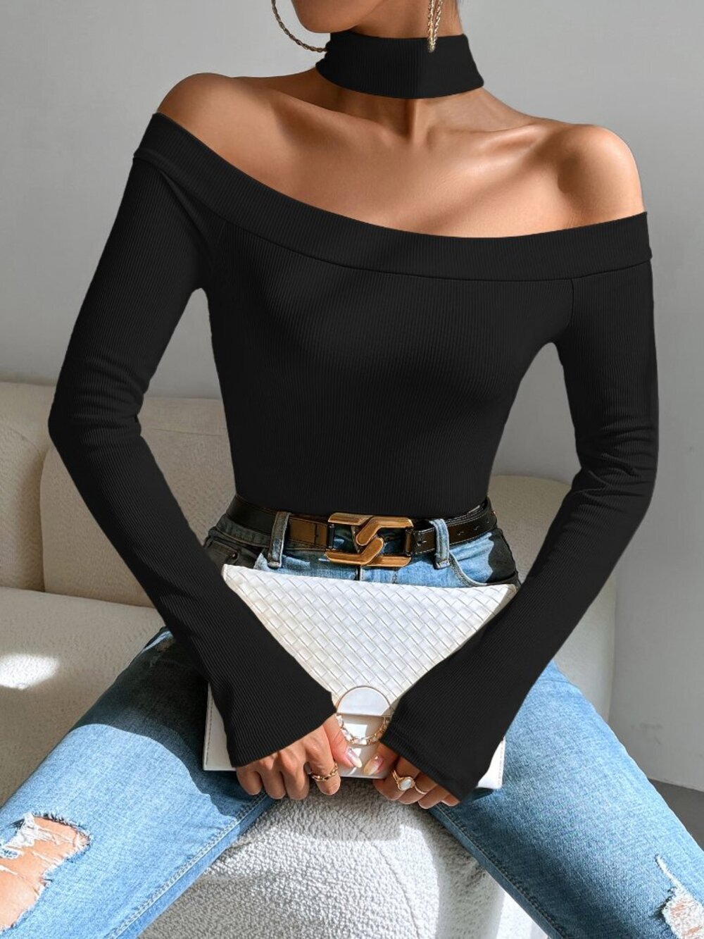 Black Casual Women's Halter Neck Rib-Knit Tee